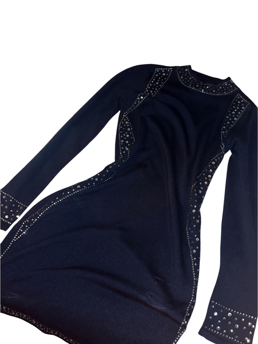 Black Long-Sleeve Rhinestone-Trim Bodycon Dress